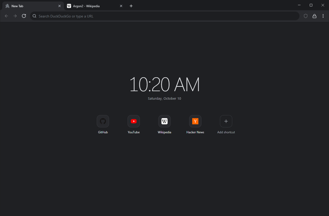 Aqua on Windows with the New Tab page open: two tabs, the address bar, a clock and shortcut tiles for GitHub, YouTube, Wikipedia and Hacker News.